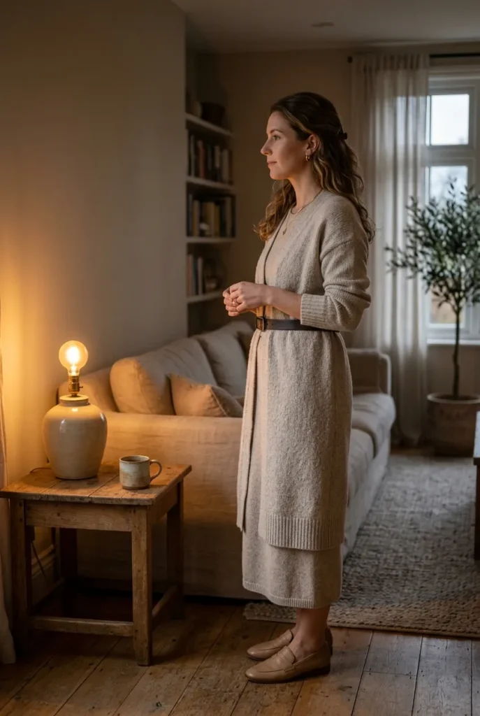 Longline oatmeal cardigan belted at the waist over a matching midi skirt