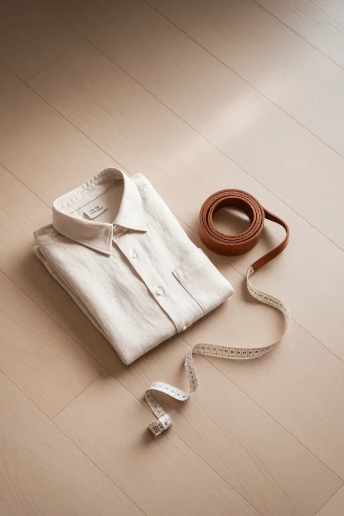 Measuring tape and neutral capsule pieces flat lay for finding a rectangle body shape