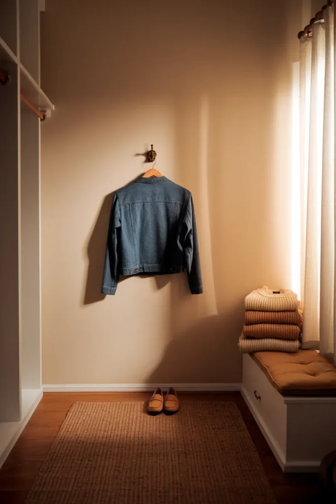 Mid-wash denim jacket on a wooden hanger with folded knits and tan loafers in a closet corner. How to Style a Denim Jacket