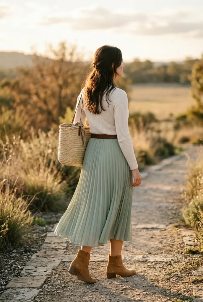 Midi skirt and camel ankle boots styled with a tucked knit for fall