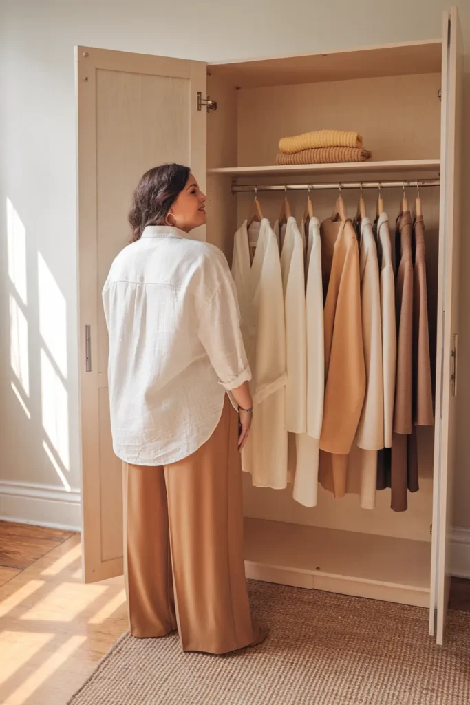 Midsize capsule wardrobe hero woman in ivory and camel at a tidy neutral closet with wooden hangers