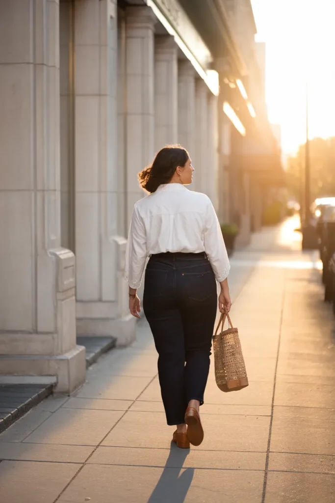 Midsize outfit formula in action white button-down, straight jeans, and loafers on a city street