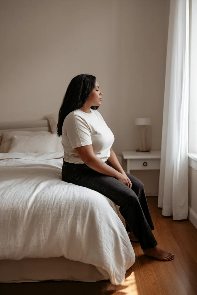 Midsize woman in cream tee and straight jeans by morning window light, real average American body