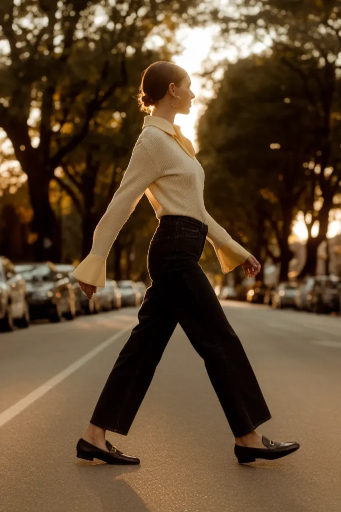 Modern jeans and knit with one yellow retro blouse, the 7030 rule for vintage-inspired outfits
