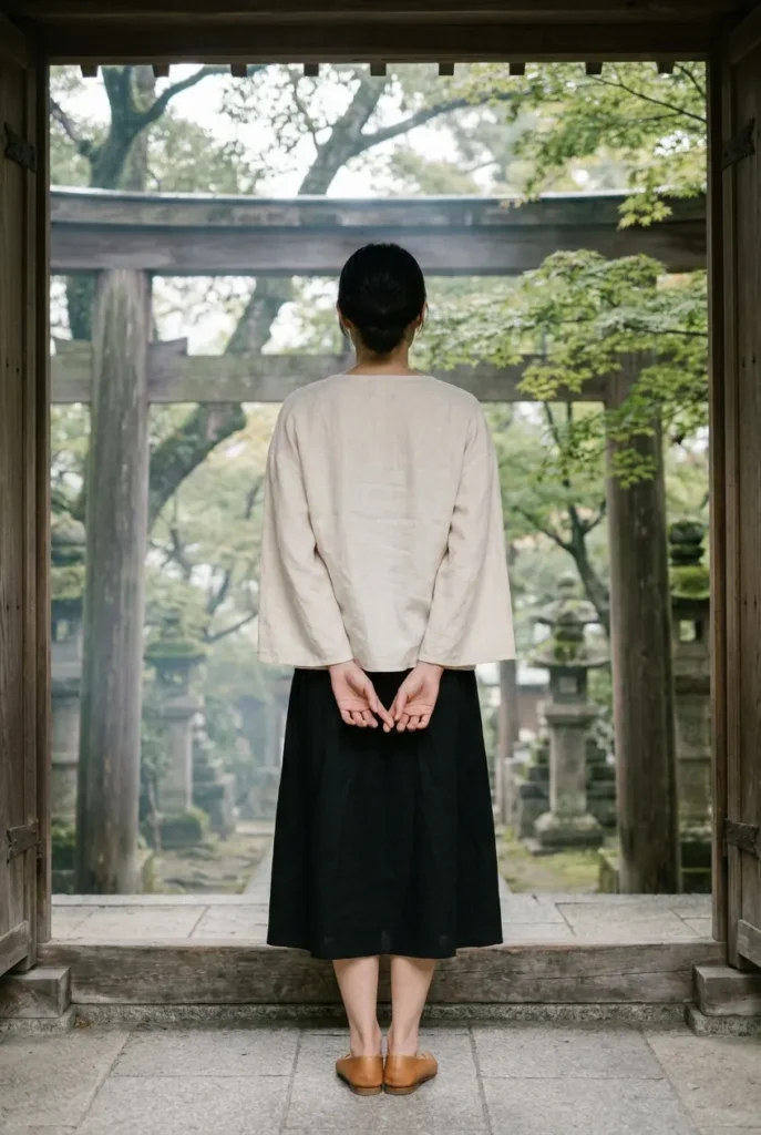 Modest capsule outfit for visiting a Japanese temple, midi skirt and covered shoulders
