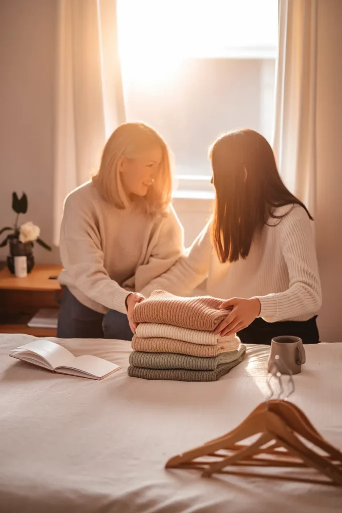 Mom and teenage daughter building a capsule wardrobe together, folding neutral knits