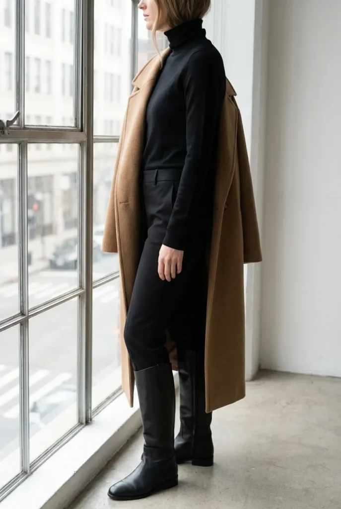 Monochrome black winter outfit with tall black boots and a camel coat.