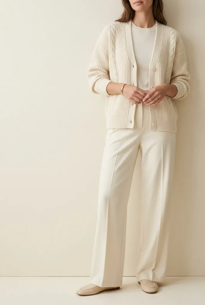 Monochrome cream cardigan outfit with matching wide-leg trousers
