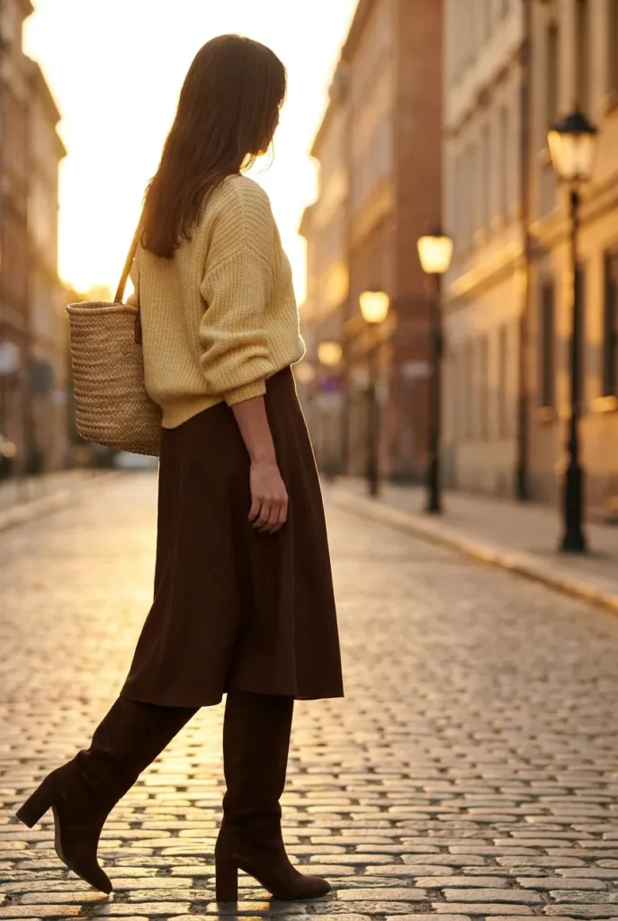 Moody mocha winter outfit with espresso suede tall boots and a butter yellow knit.