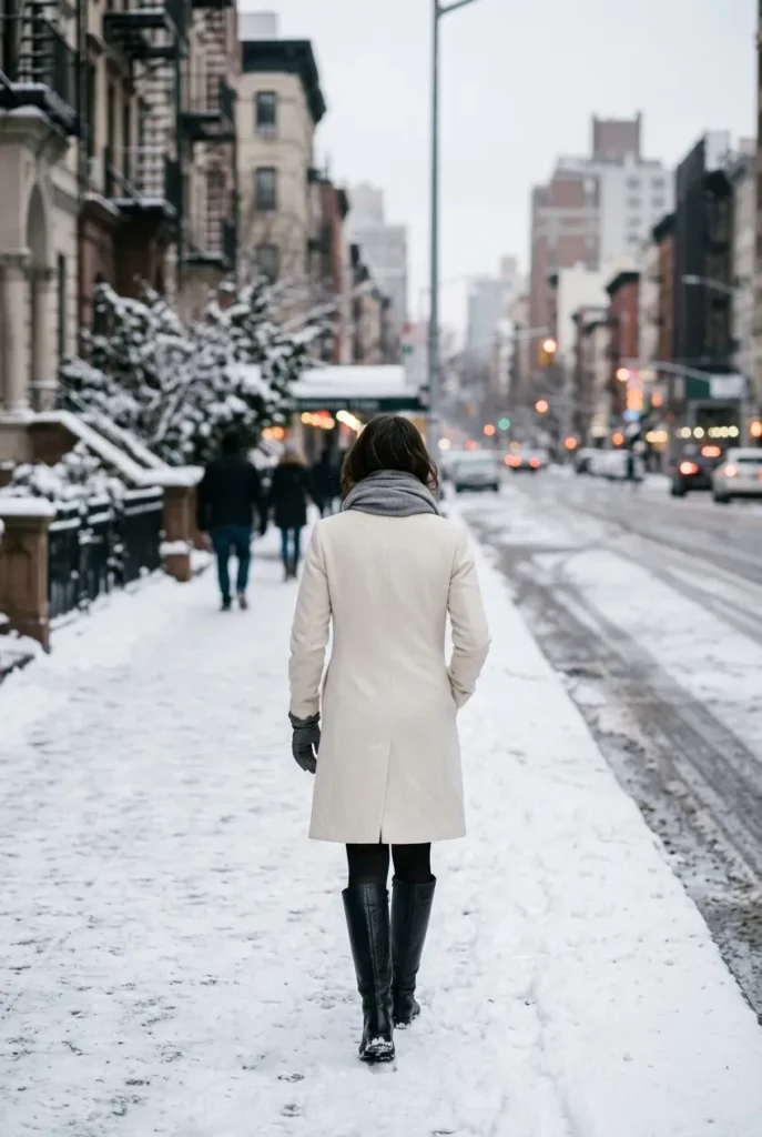 NYC winter street style with long wool coat and scarf