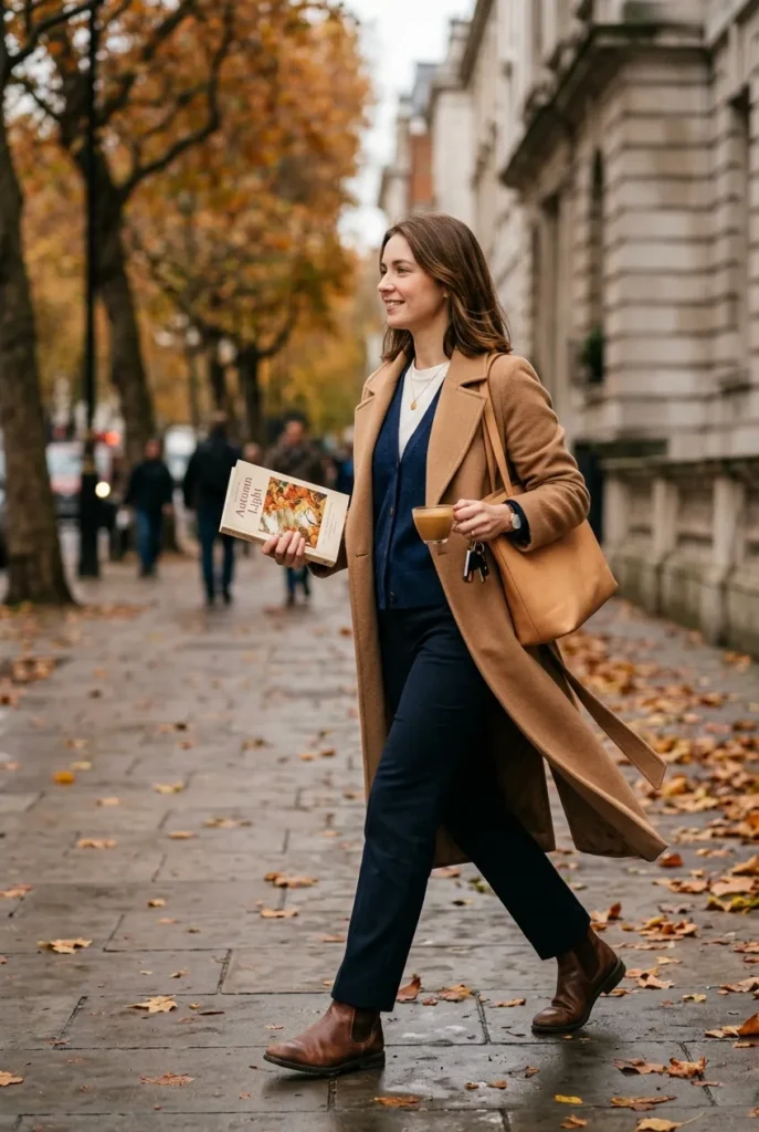 Navy cardigan layered under an open camel coat for fall