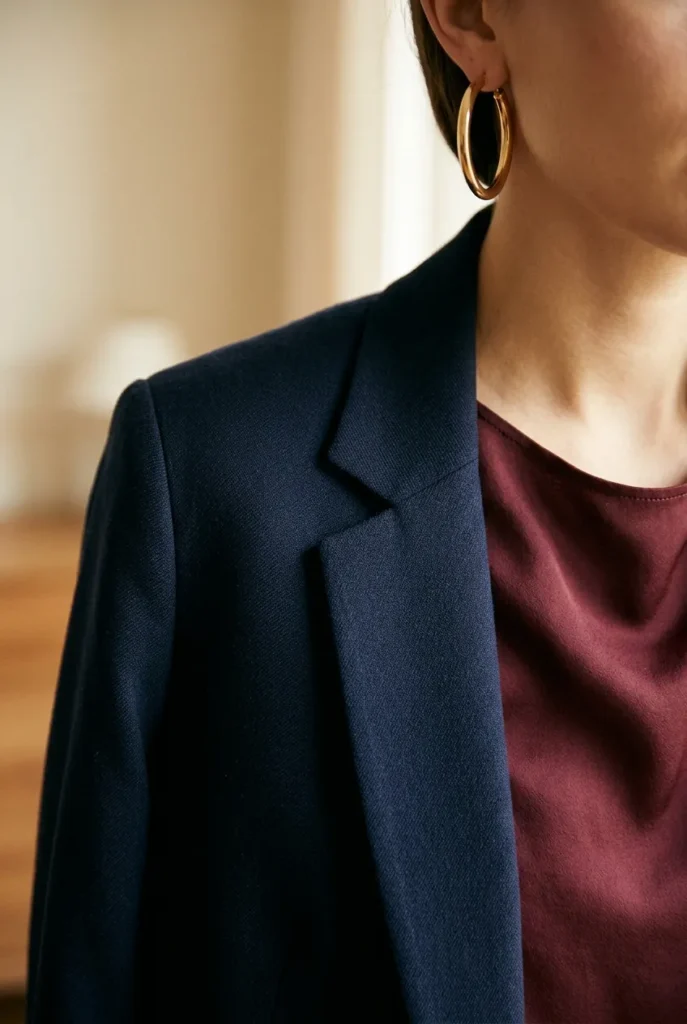 Navy interview blazer with a burgundy accent top and simple gold earring