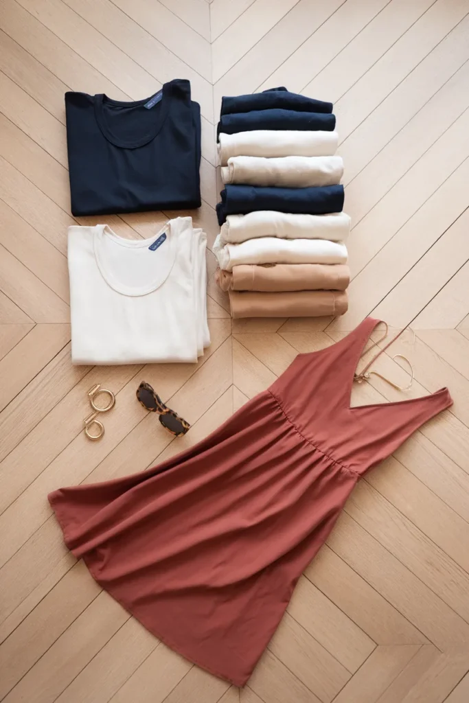 Navy, ivory, and terracotta color palette flat lay for a 7 day cruise capsule wardrobe