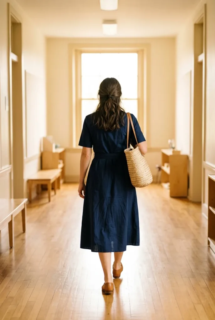 Navy midi shirtdress and loafers as a one-and-done teacher outfit