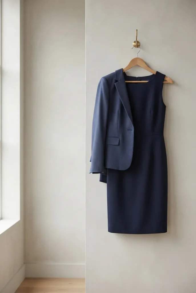 Navy sheath dress with a blazer, a two-in-one business professional wardrobe piece.