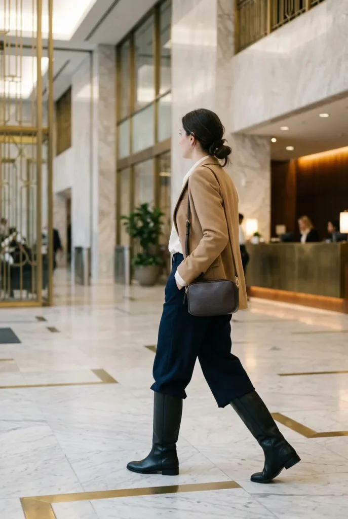 Navy wide-leg trousers over black knee-high boots with an ivory blouse and camel blazer for work.