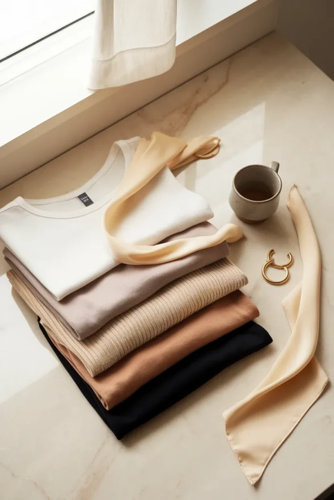 Neutral base tops for a Y2K capsule wardrobe with one skinny scarf accent