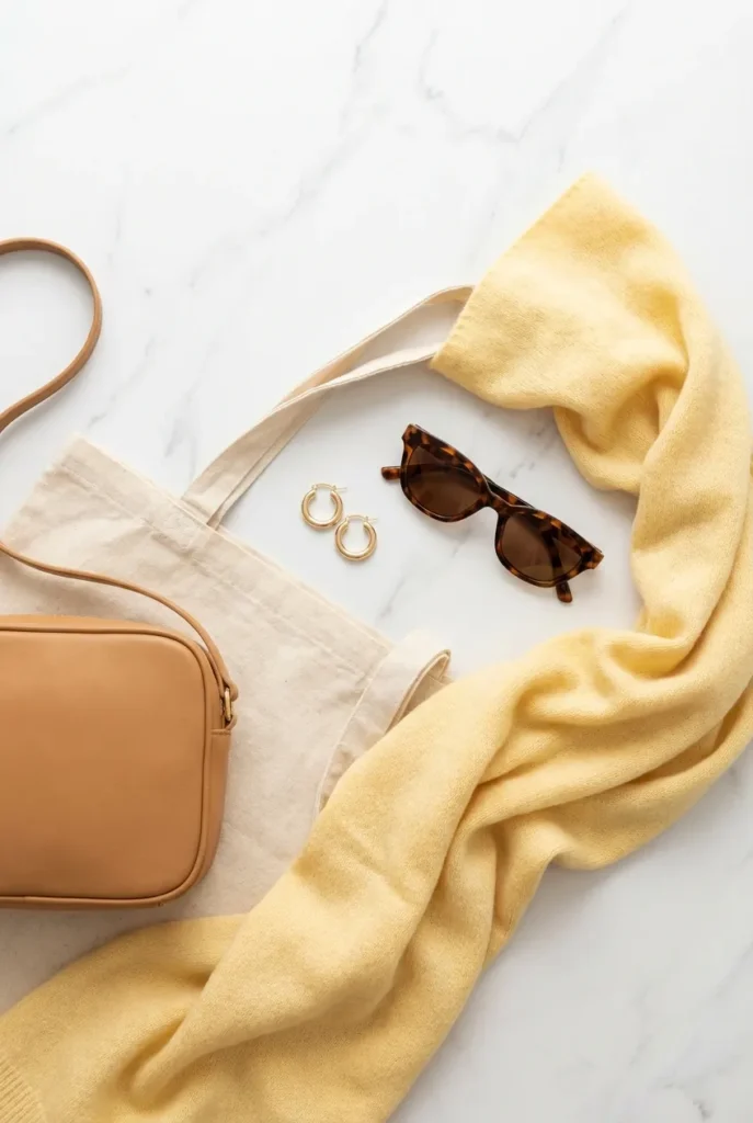 Neutral capsule accessories for Japan travel with one yellow scarf accent
