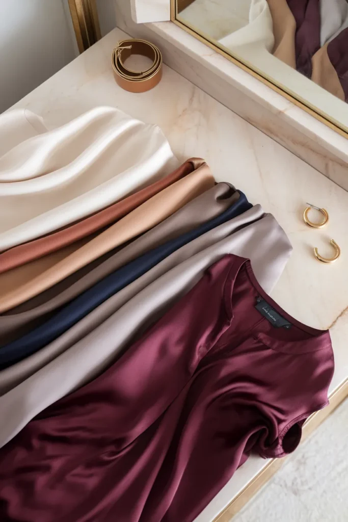 Neutral capsule color palette in ivory camel and navy with one burgundy accent blouse