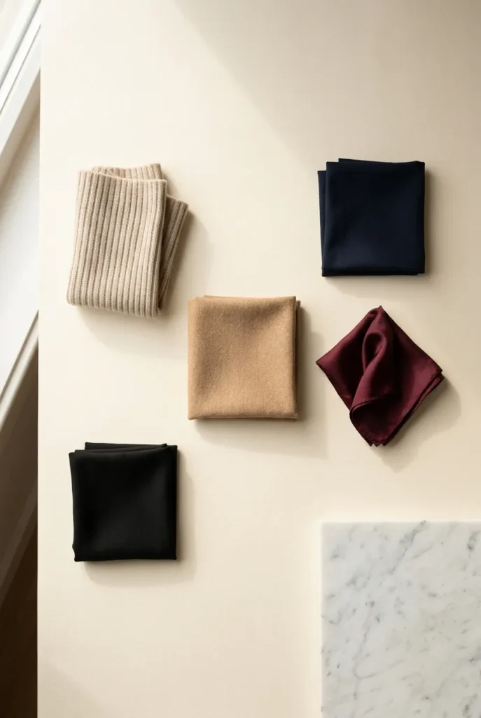 Neutral capsule color palette in oat, camel, black, and navy with a burgundy accent.