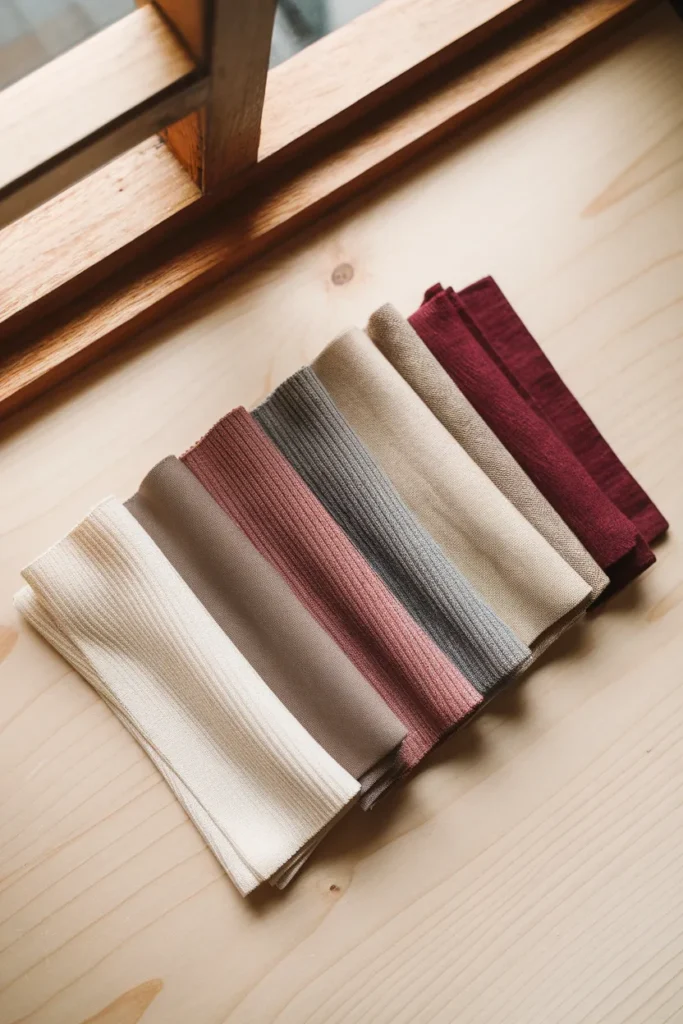 Neutral capsule wardrobe color palette swatches with one burgundy accent color
