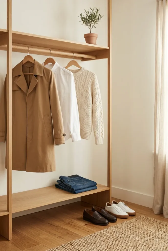 Neutral capsule wardrobe essentials for Scandinavian style outfits in a closet