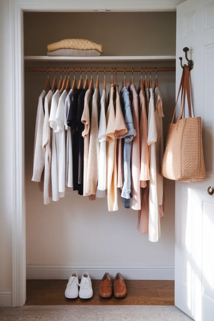 Neutral capsule wardrobe for teenage girls hanging in an organized closet with white sneakers below