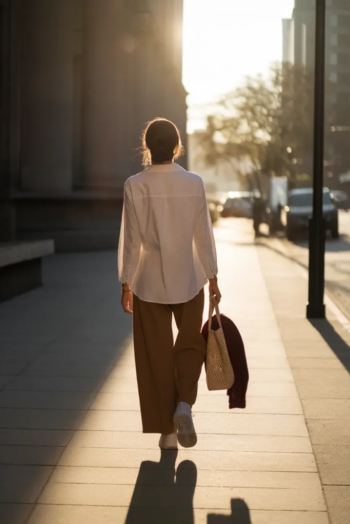 Neutral capsule wardrobe outfit in ivory and camel with a burgundy sweater as the accent color.