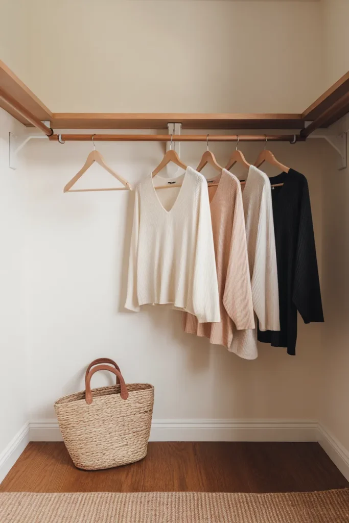 Neutral capsule wardrobe tops with open hanger space on a wooden closet rail