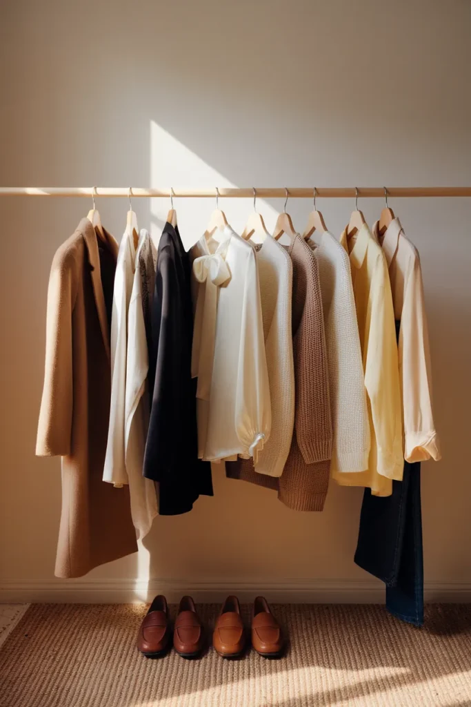 Neutral closet rail mixing modern basics with one retro piece, the core of a vintage capsule wardrobe
