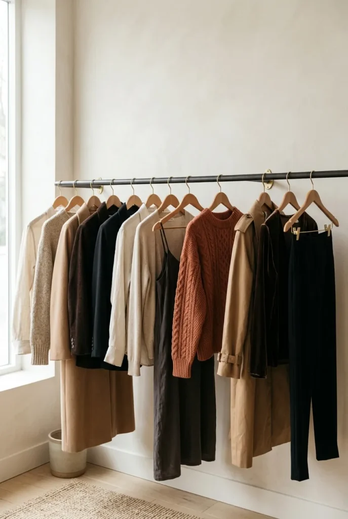 Neutral clothing rail with one terracotta accent for a minimalist color plan