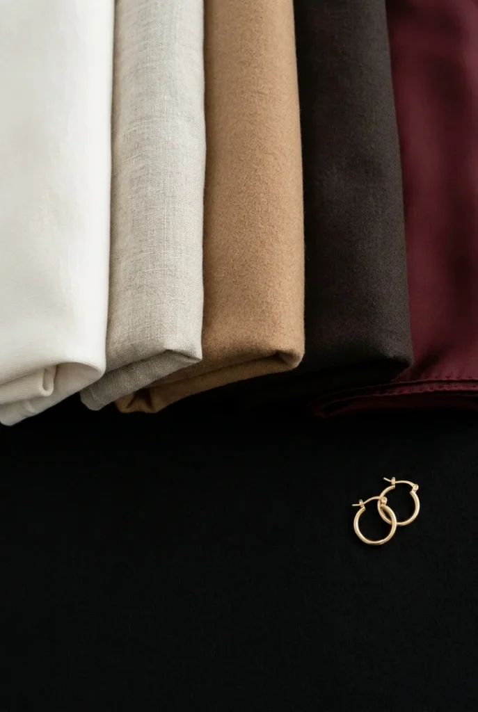 Neutral color palette of folded basics with one burgundy accent piece