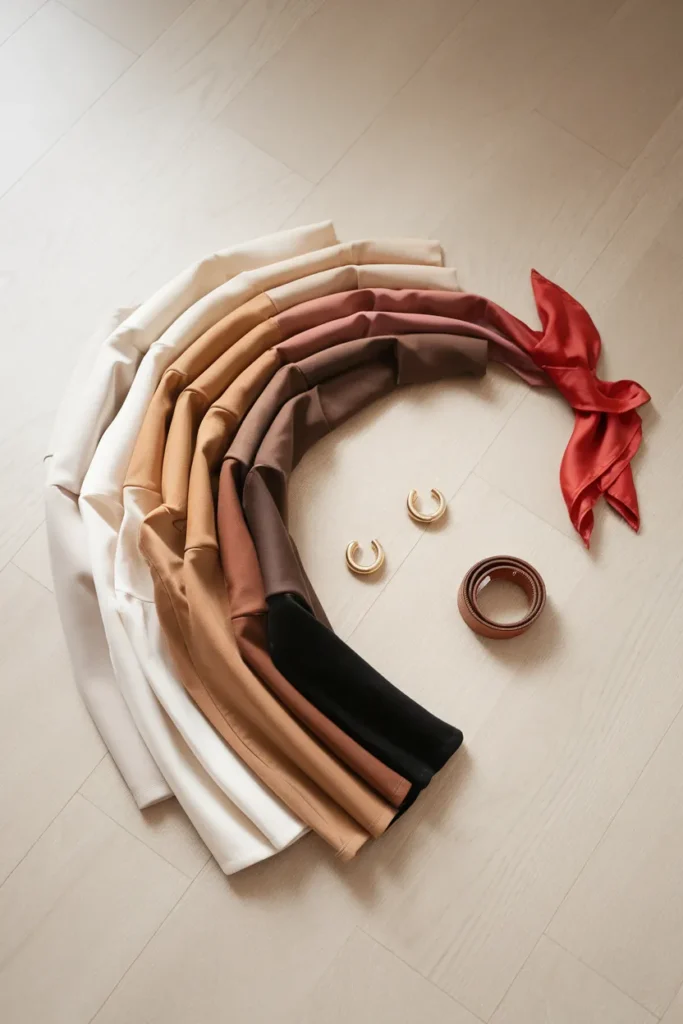 Neutral color palette of folded clothes with one red accent for a timeless vintage capsule wardrobe