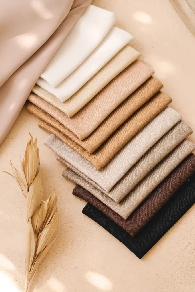 Neutral fabric swatches arranged from cream to espresso showing warm and cool tones.