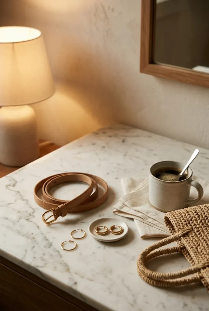 Neutral leather belt and gold hoops styled as minimalist wardrobe accessories