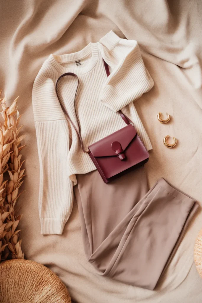 Neutral outfit in cream and taupe with a single burgundy bag as the accent.