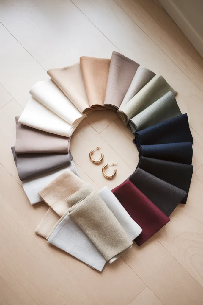 Neutral summer color palette for a dresses only capsule wardrobe with a burgundy accent