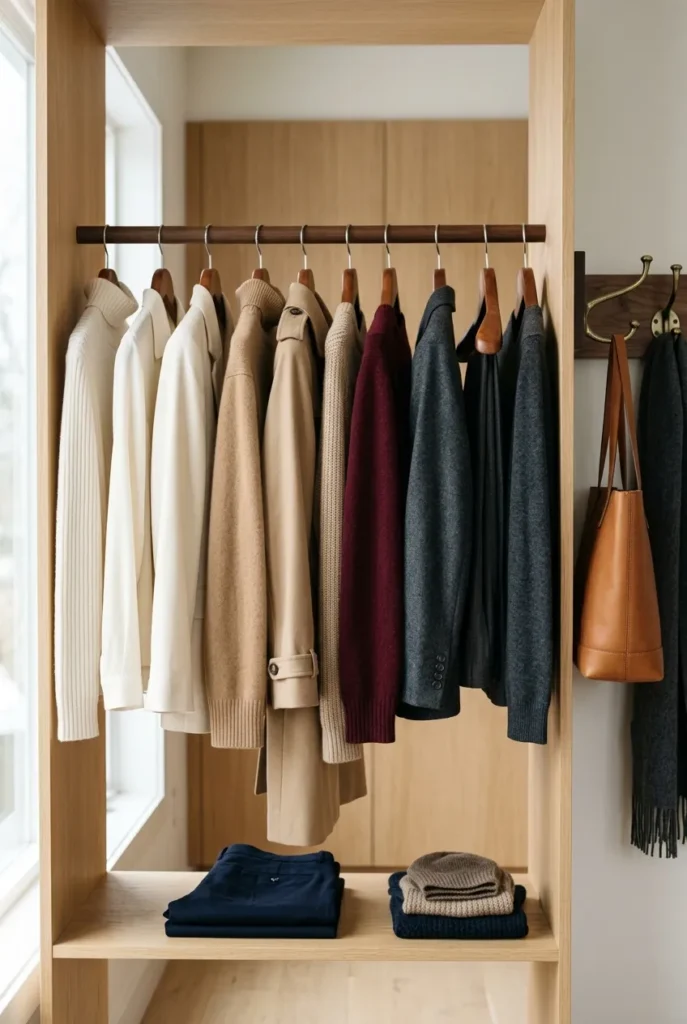Neutral winter work wardrobe on wooden hangers with one burgundy accent piece.