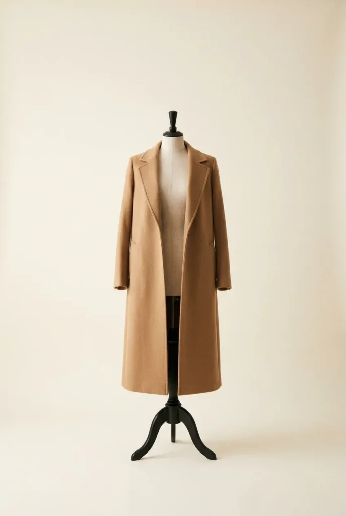 Neutral wool coat styled on a dress form against an ivory backdrop
