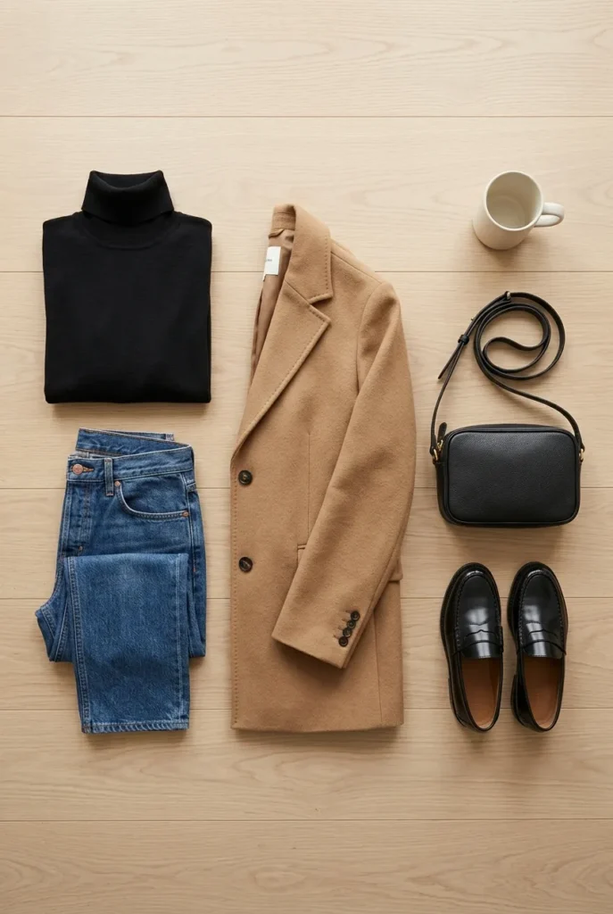 New York street style capsule wardrobe flat lay in neutral colors