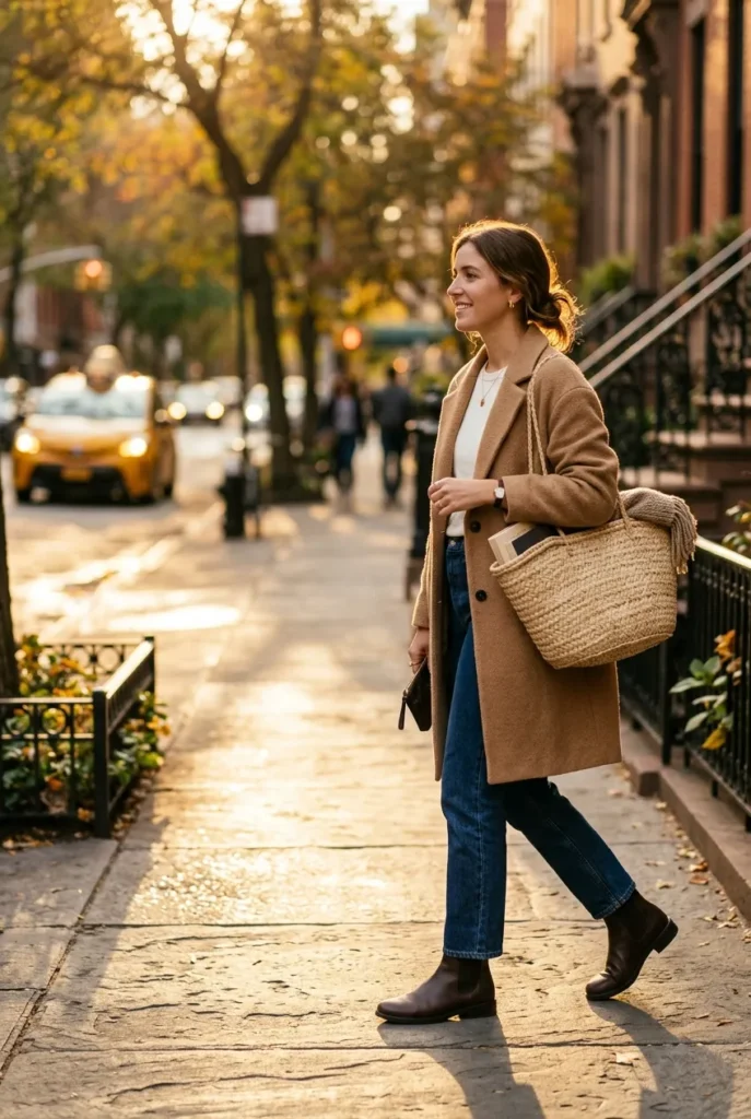 New York street style outfit with camel coat and jeans on a city sidewalk