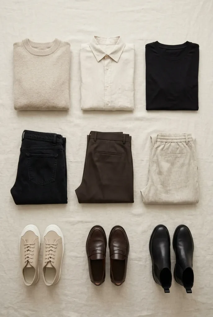 Nine-piece minimalist capsule laid out as three tops, bottoms, and shoes