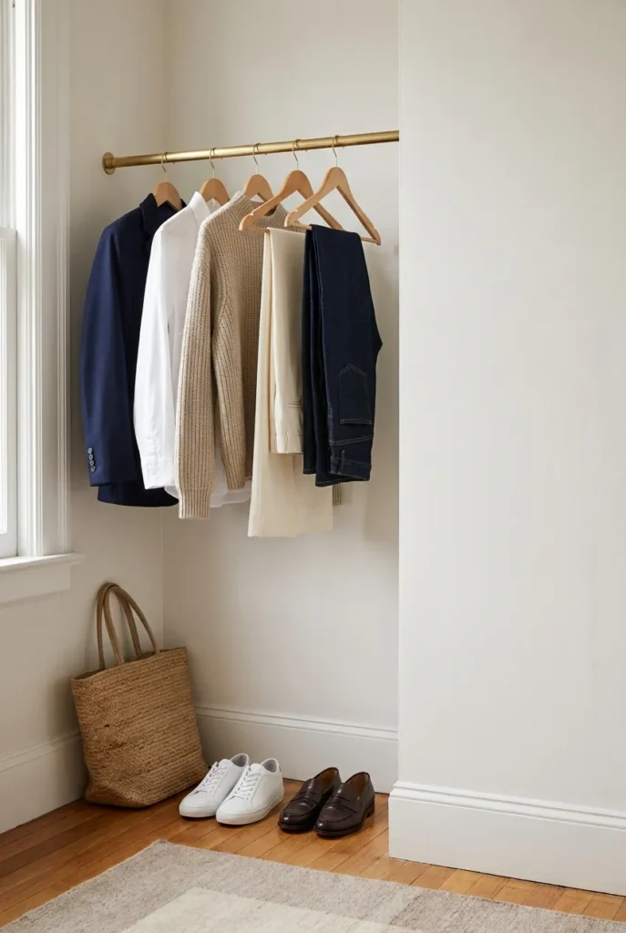 Nine-piece smart casual capsule wardrobe on wooden hangers in a minimalist closet.