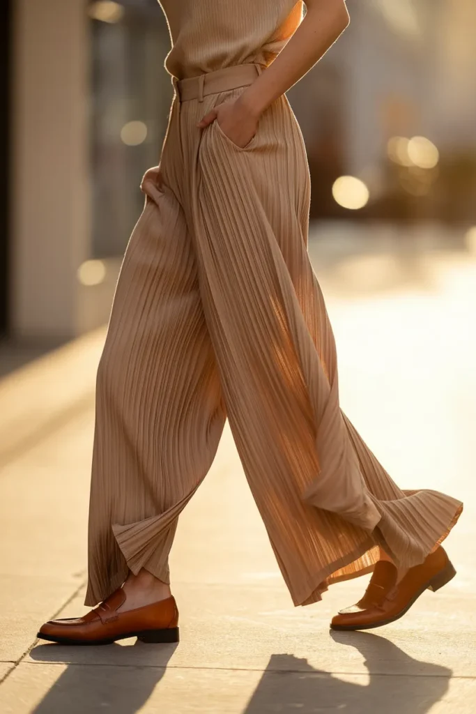 Oat pleated wide-leg trousers and cognac loafers, best bottoms for a rectangle body shape