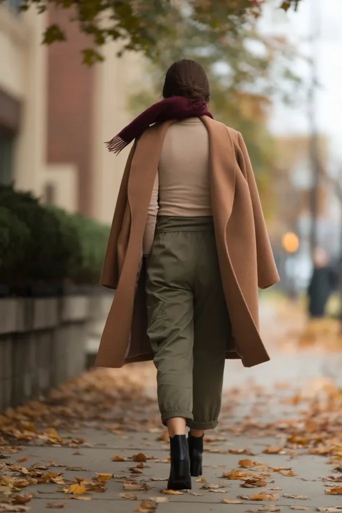 Olive cargo pants layered with merino knit, open camel coat, and black ankle boots for fall