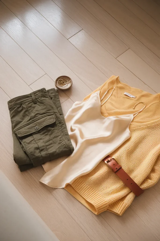Olive cargo pants styled flat-lay with cream silk, butter yellow knit, and cognac belt
