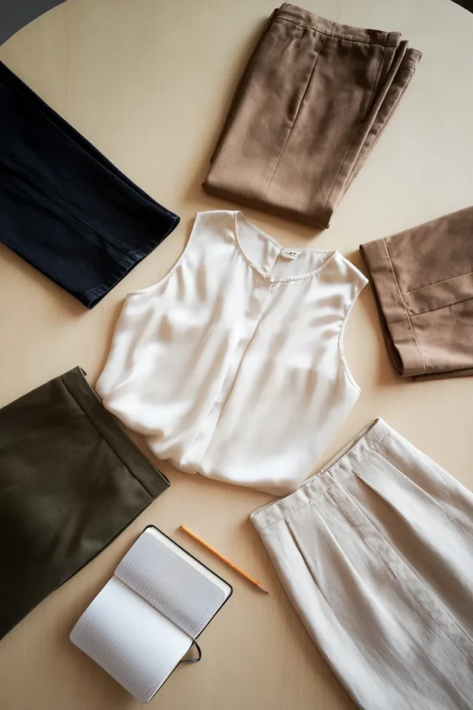 One blouse paired with four bottoms to calculate a capsule wardrobe pair score