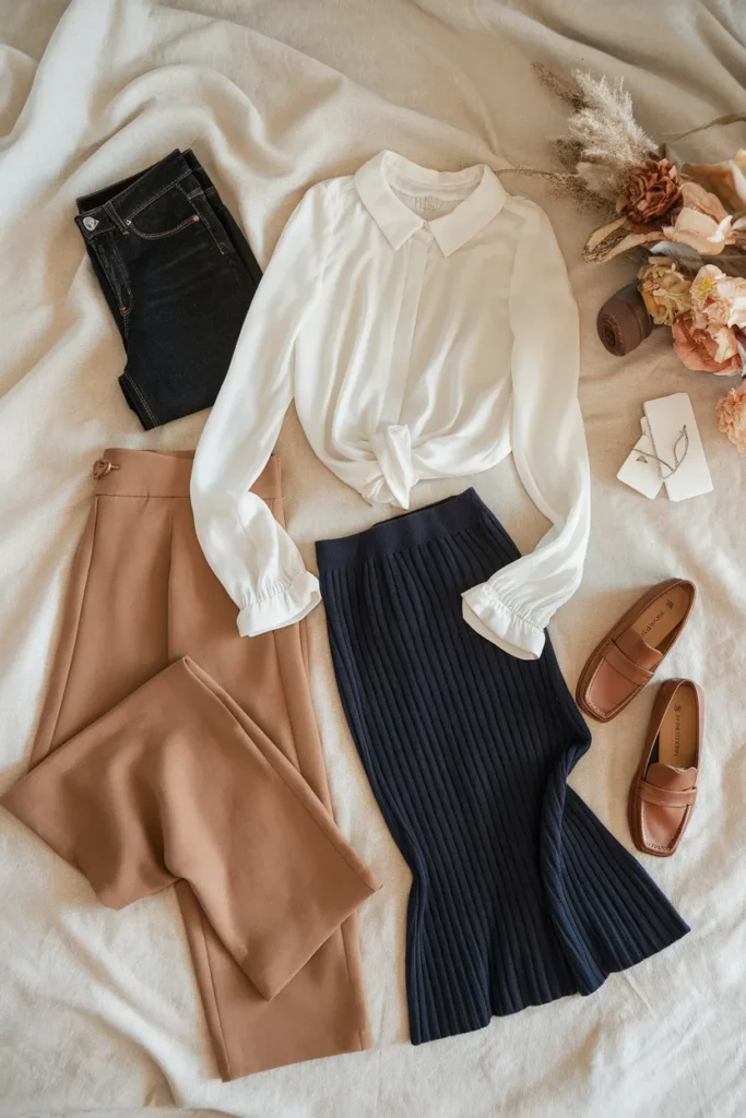 One blouse with three bottoms flat lay showing plus size capsule wardrobe outfit formulas