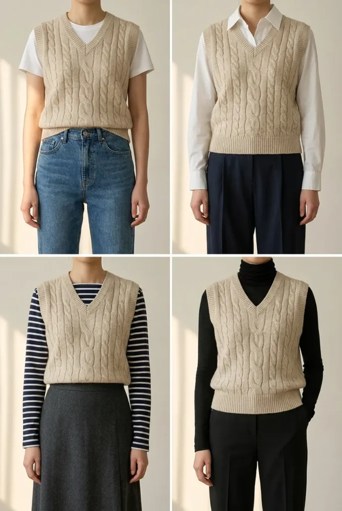 One oat sweater vest styled four ways over different tops and bottoms