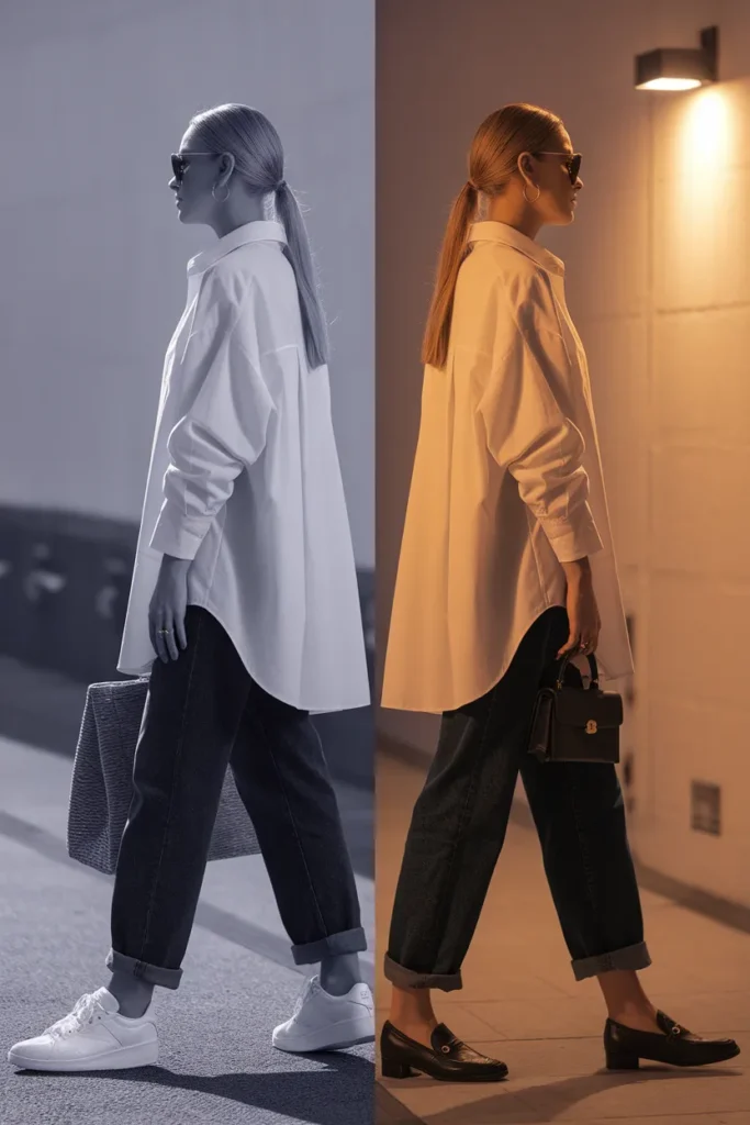 One oversized white shirt styled day with sneakers and night with loafers and gold hoops.